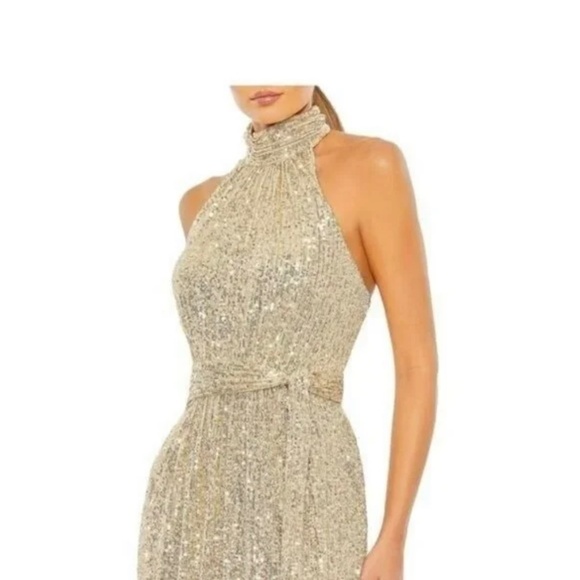 Mac Duggal Gold Sequins Halter Dress Backless Belted Maxi Formal Long Size 4 - Picture 3 of 7